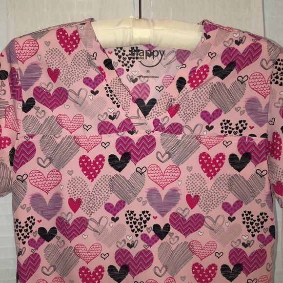 Happy Scrubs XS Heart Print Pink Black Scrub Top - Picture 3 of 14